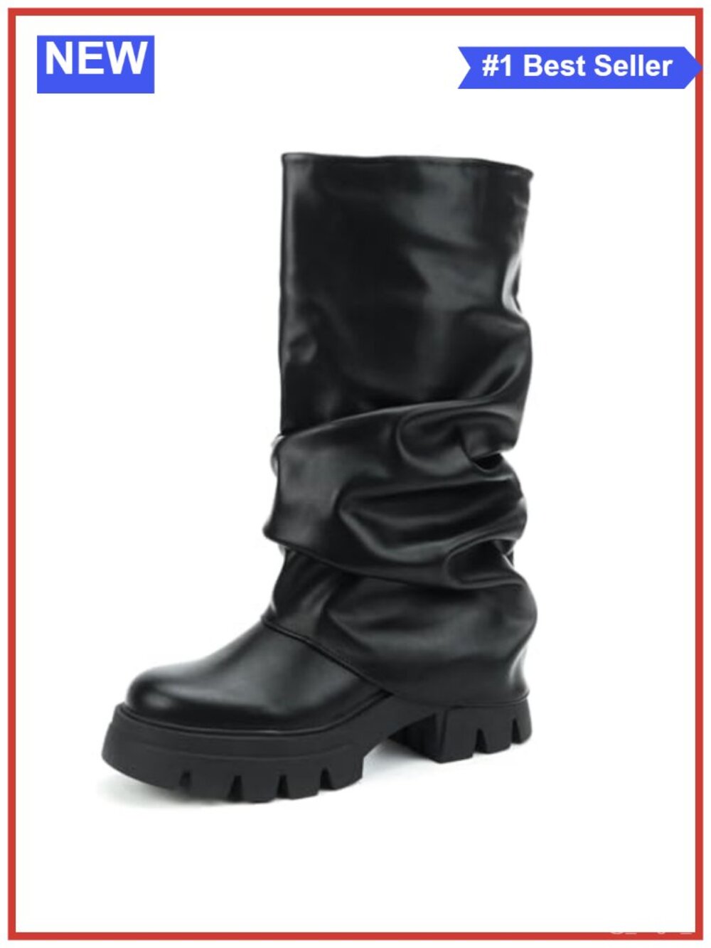 Women's Slouchy Faux Leather Mid Calf Platform Boots Fold Over Chunky Heel